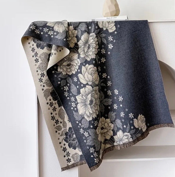 Maryam’s Essential Luxury Mature Versatile Reversible Warm Soft Printed Fringe Cashmere Scarf