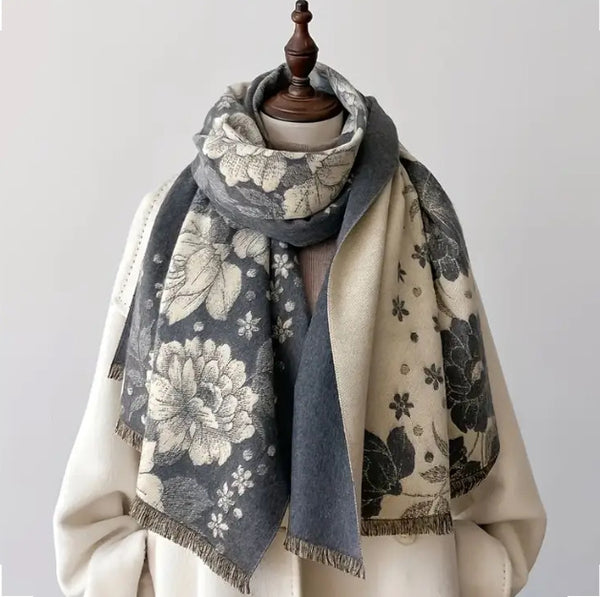 Maryam’s Essential Luxury Mature Versatile Reversible Warm Soft Printed Fringe Cashmere Scarf