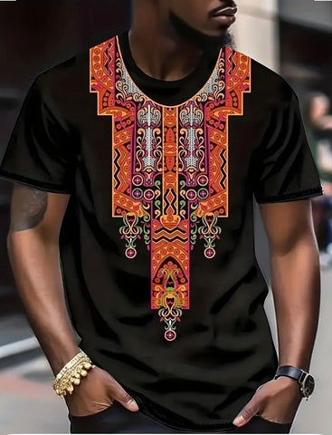 Maryam’s Essential Men’s Ethnic Style Graphic Pattern Print Crew Neck, Short Sleeve Top Tank