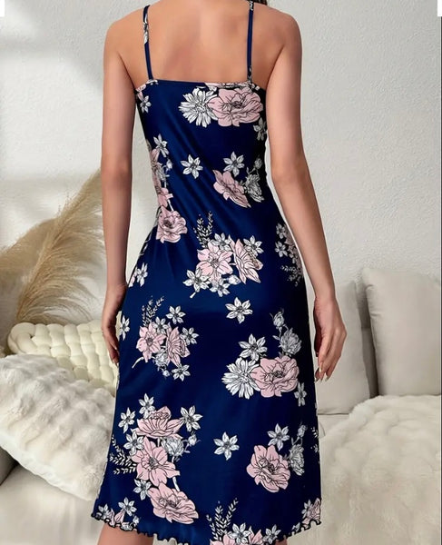 Maryam’s Essential Floral Print Lettuce Trim Round Neck Knee Length Slip Nightdress
