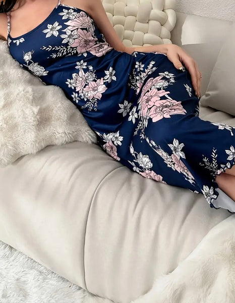 Maryam’s Essential Floral Print Lettuce Trim Round Neck Knee Length Slip Nightdress