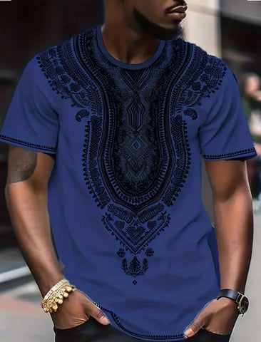Maryam’s Essential Men’s Ethnic Style Graphic Pattern Print Crew Neck, Short Sleeve Top Tank