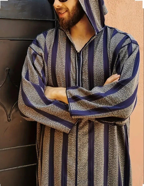 Maryam’s Essential Men Ethnic Loose Hooded Striped Robe Kaftan
