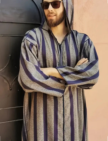 Maryam’s Essential Men Ethnic Loose Hooded Striped Robe Kaftan