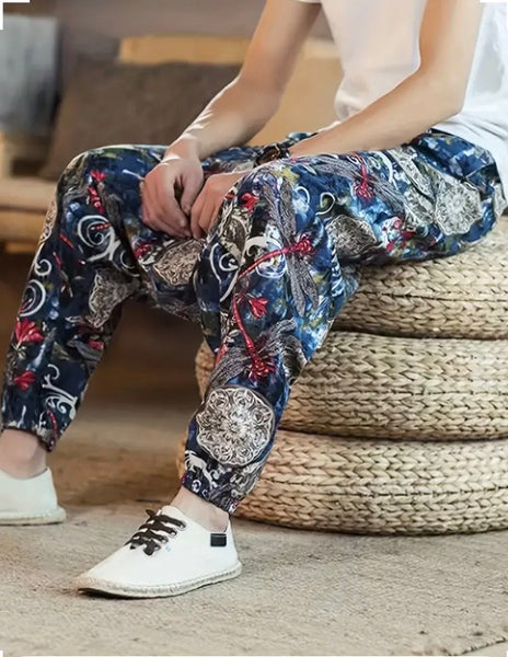 Maryam’s Essential Men’s Ethnic Vintage Pattern Stitching Print Harem Baggy Trouser