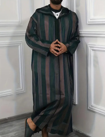 Maryam’s Essential Men Ethnic Loose Hooded Striped Robe Kaftan