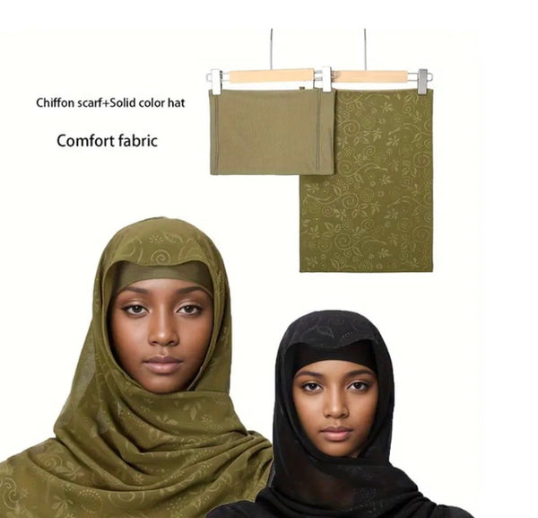 Maryam’s Essential Elegant Embossed Floral Chiffon Hijab With Inner Hap/Cap