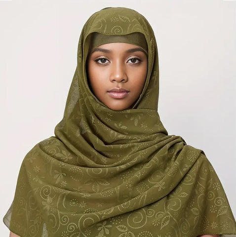 Maryam’s Essential Elegant Embossed Floral Chiffon Hijab With Inner Hap/Cap