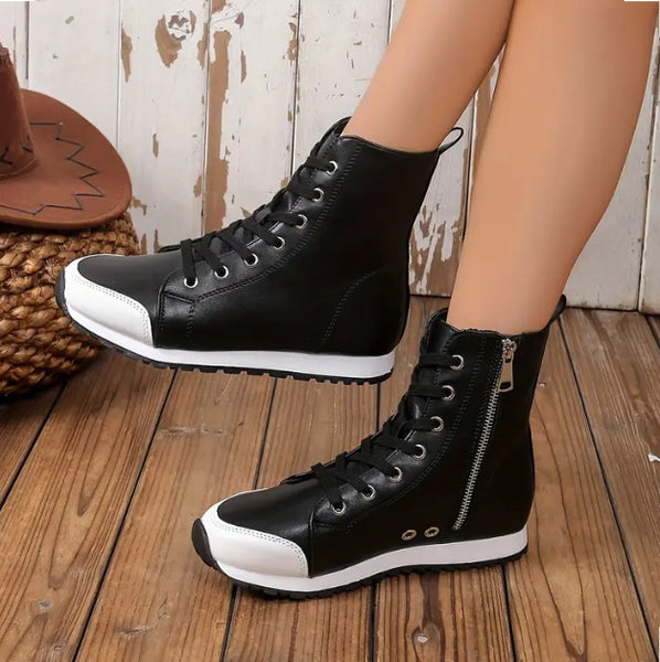 Maryam’s Essential PU Faux Leather High Top Lace-up Closure Ankle Round Toe Sneaker Shoes