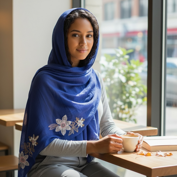 Maryam's Essential Premium Lilies Embroidered Cotton Hijab/Scarf