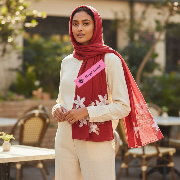 Maryam's Essential Premium Lilies Embroidered Cotton Hijab/Scarf