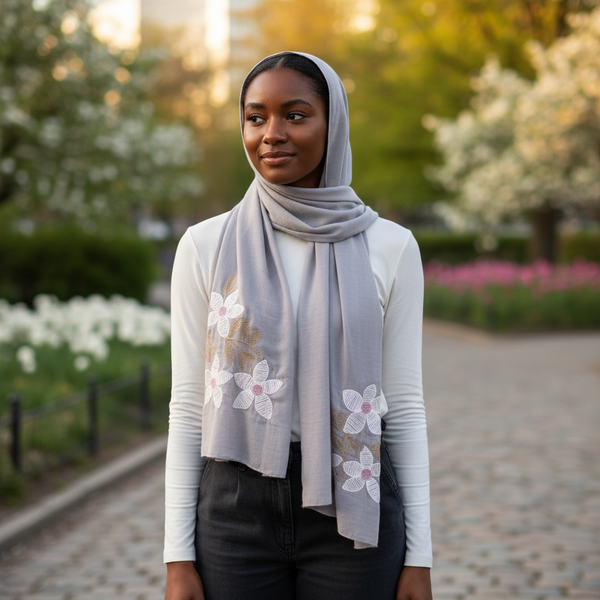 Maryam's Essential Premium Lilies Embroidered Cotton Hijab/Scarf