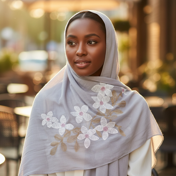 Maryam's Essential Premium Lilies Embroidered Cotton Hijab/Scarf