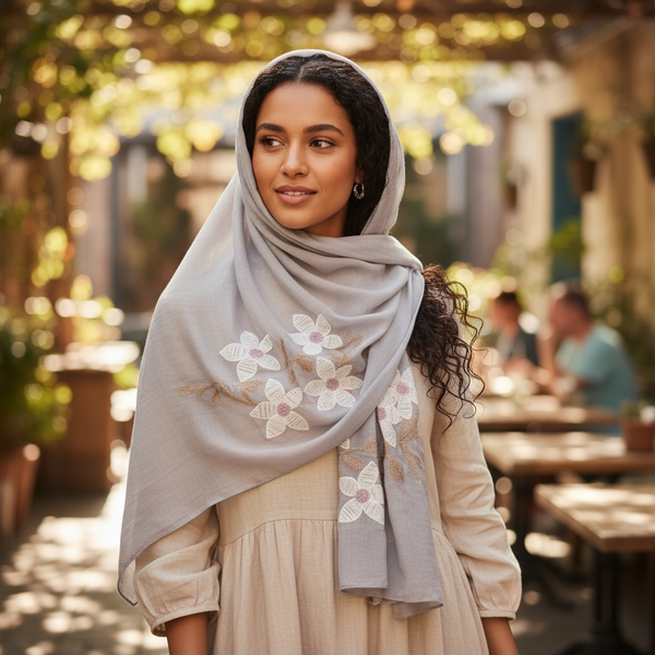 Maryam's Essential Premium Lilies Embroidered Cotton Hijab/Scarf