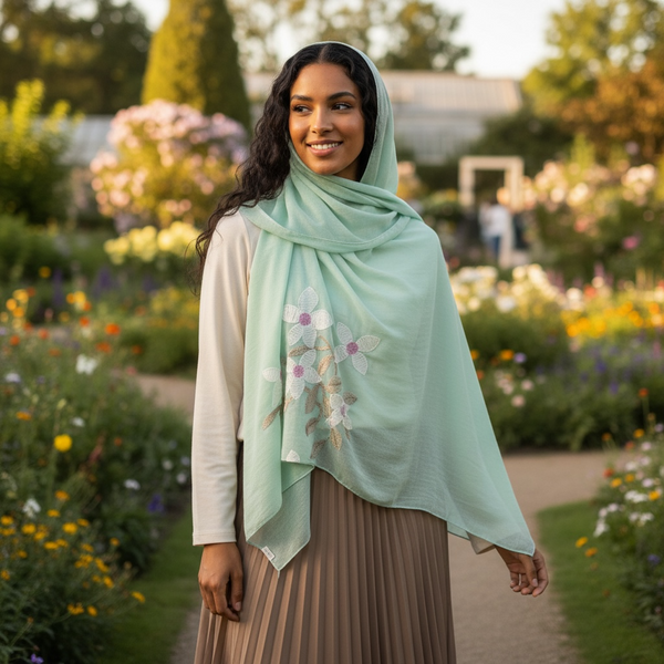 Maryam's Essential Premium Lilies Embroidered Cotton Hijab/Scarf