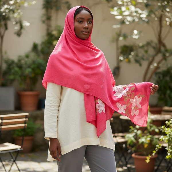 Maryam's Essential Premium Lilies Embroidered Cotton Hijab/Scarf