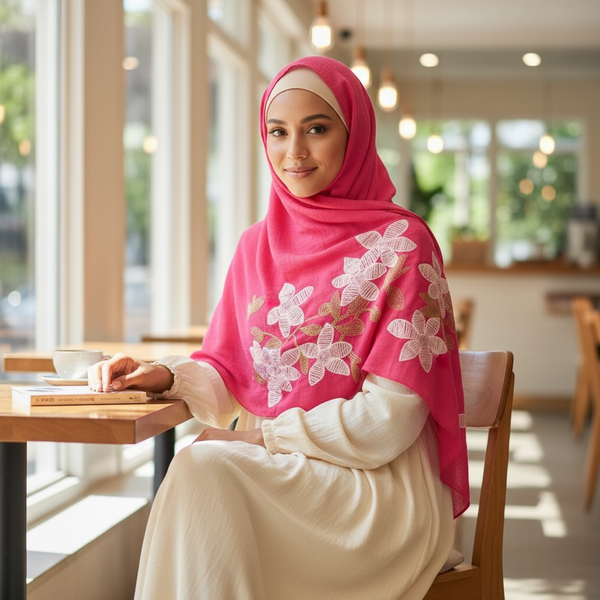 Maryam's Essential Premium Lilies Embroidered Cotton Hijab/Scarf