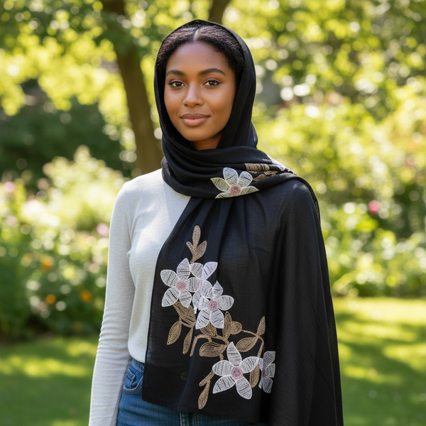 Maryam's Essential Premium Lilies Embroidered Cotton Hijab/Scarf