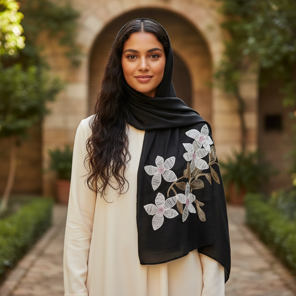 Maryam's Essential Premium Lilies Embroidered Cotton Hijab/Scarf