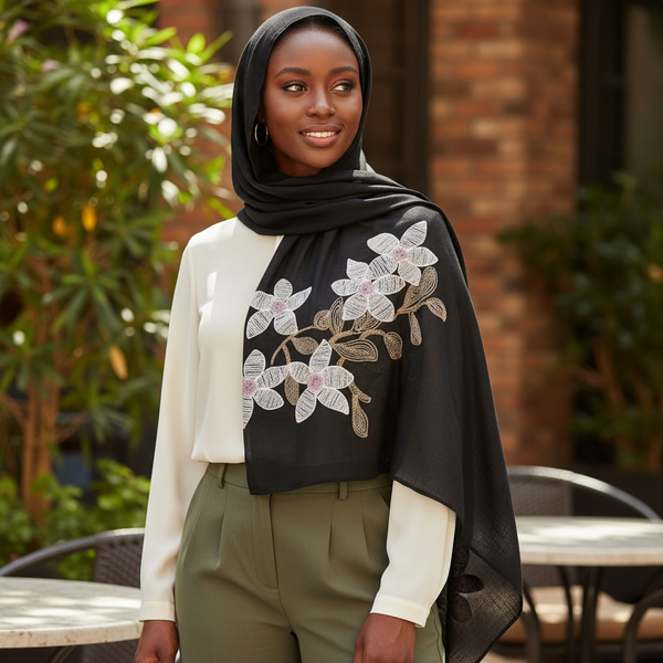 Maryam's Essential Premium Lilies Embroidered Cotton Hijab/Scarf