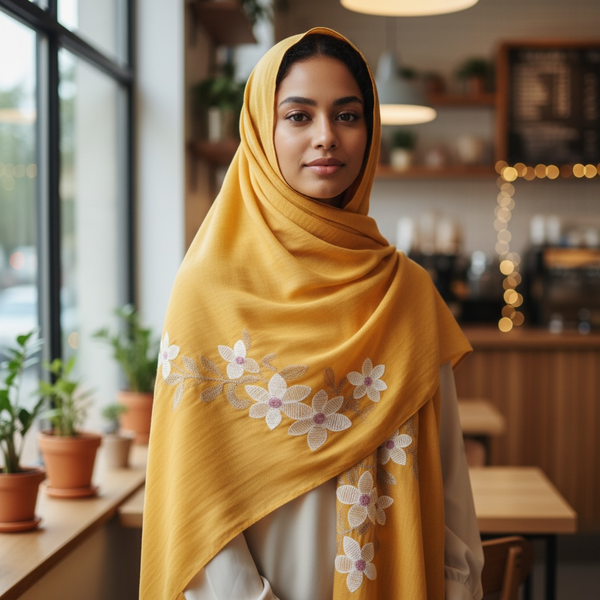 Maryam's Essential Premium Lilies Embroidered Cotton Hijab/Scarf