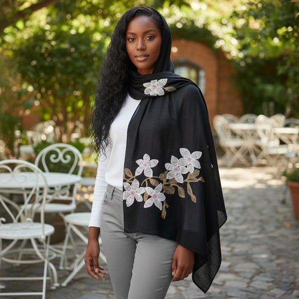 Maryam's Essential Premium Lilies Embroidered Cotton Hijab/Scarf
