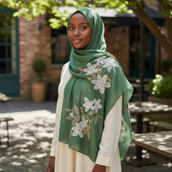 Maryam's Essential Premium Lilies Embroidered Cotton Hijab/Scarf
