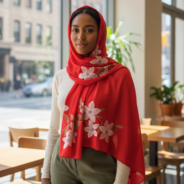 Maryam's Essential Premium Lilies Embroidered Cotton Hijab/Scarf