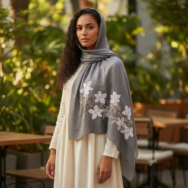 Maryam's Essential Premium Lilies Embroidered Cotton Hijab/Scarf