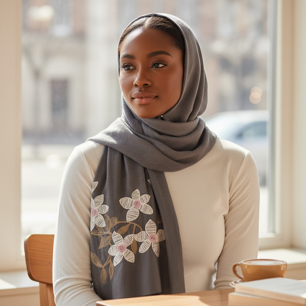 Maryam's Essential Premium Lilies Embroidered Cotton Hijab/Scarf