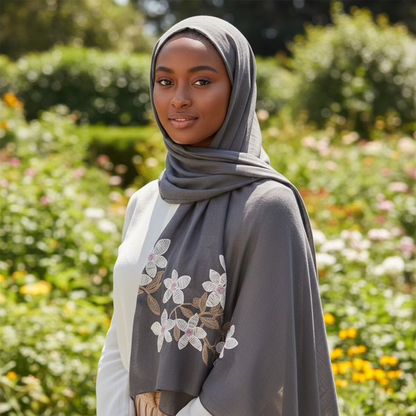 Maryam's Essential Premium Lilies Embroidered Cotton Hijab/Scarf