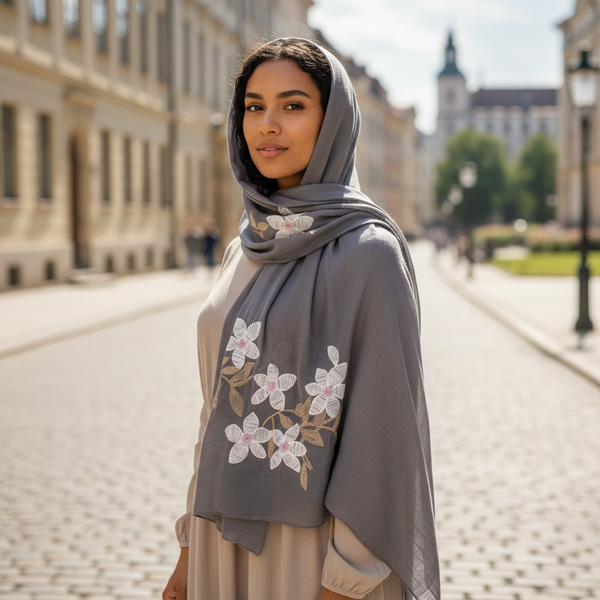 Maryam's Essential Premium Lilies Embroidered Cotton Hijab/Scarf