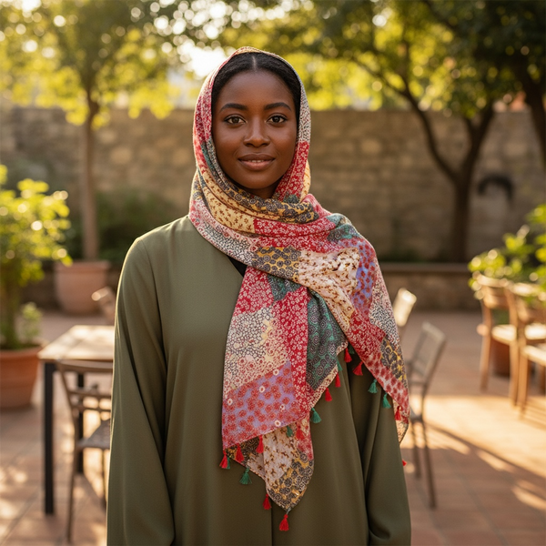 Maryam's Essential Flower Printed Cotton Polyester Tassels Hijab