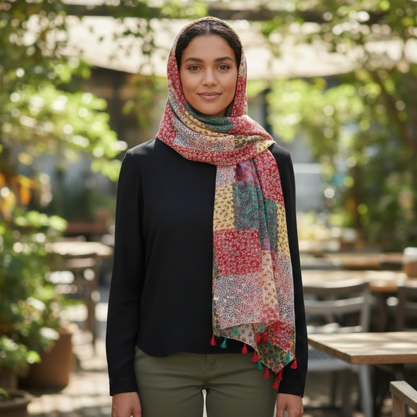 Maryam's Essential Flower Printed Cotton Polyester Tassels Hijab