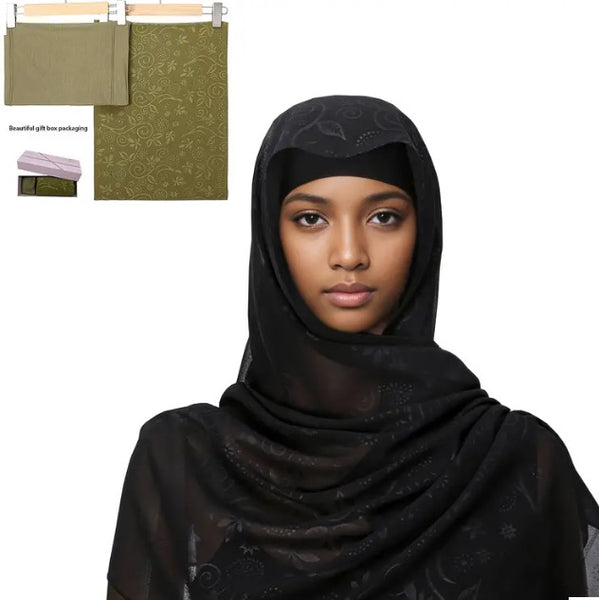 Maryam’s Essential Elegant Embossed Floral Chiffon Hijab With Inner Hap/Cap