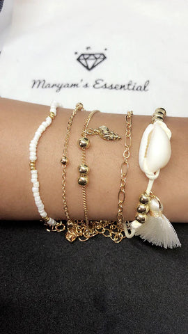 Maryam's Diamond Style Authentic Cowrie Sea Shell Chain Charm Bracelet Set