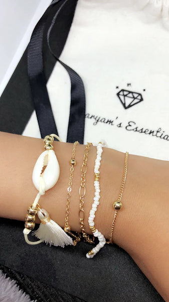 Maryam's Diamond Style Authentic Cowrie Sea Shell Chain Charm Bracelet Set