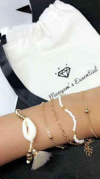 Maryam's Diamond Style Authentic Cowrie Sea Shell Chain Charm Bracelet Set