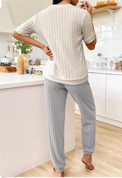 Maryam’s Essential Heart Round Neck Short Sleeves Ribbed Top Elastic Trouser Sleepwear