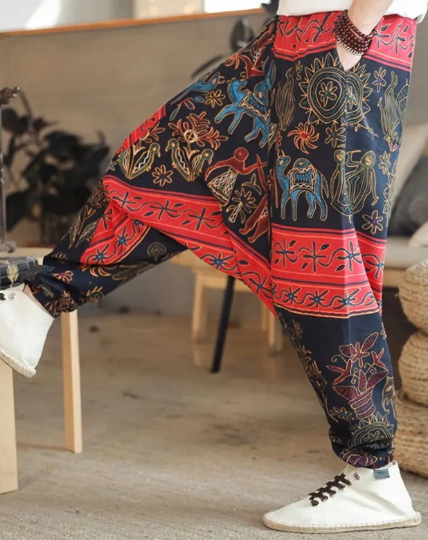 Maryam’s Essential Men’s Ethnic Vintage Pattern Stitching Print Harem Baggy Trouser