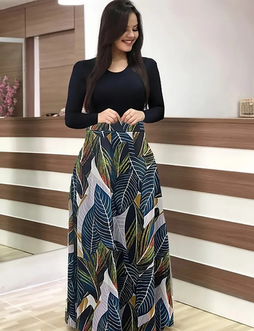 Maryam’s Essential Vintage  Print Crew Neck Long Sleeves Dresses