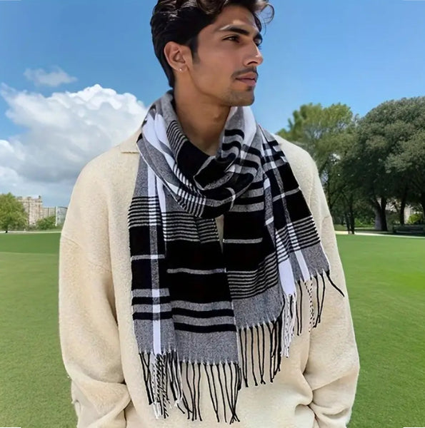 Maryam’s Essential Luxury Men Premium Warm Plaid Faux With Fringes Scarf