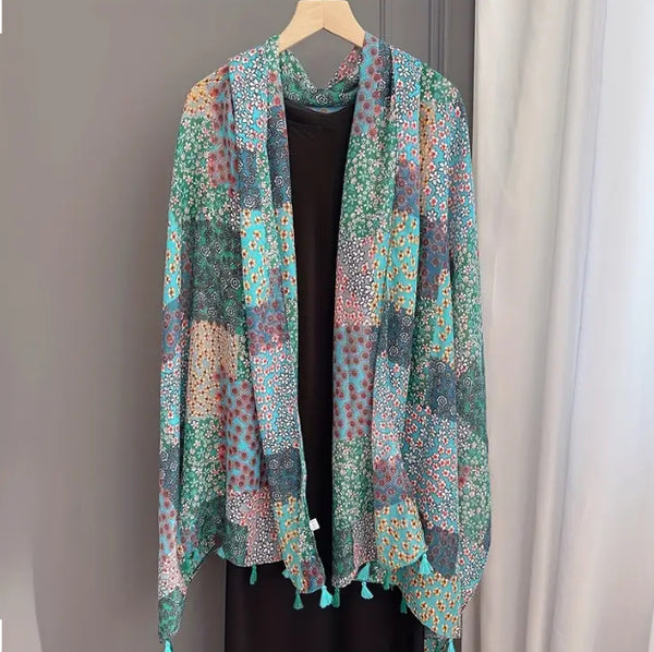 Maryam's Essential Flower Printed Cotton Polyester Tassels Hijab