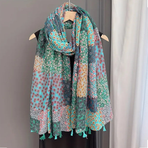 Maryam's Essential Flower Printed Cotton Polyester Tassels Hijab