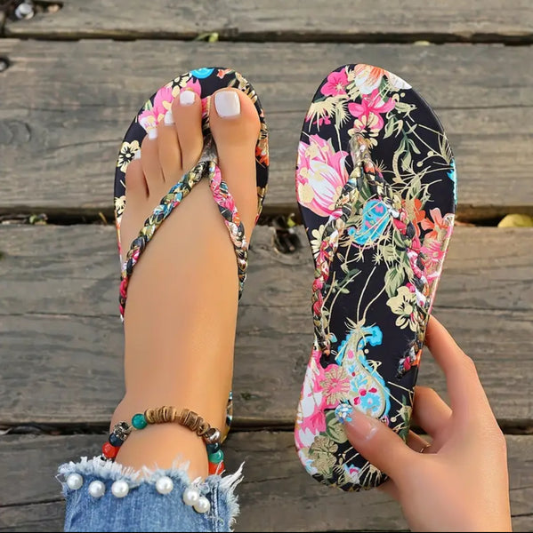 Maryam’s Essential Floral Print Leather Flip Flops Open Toe Slip-On Slipper Sandal