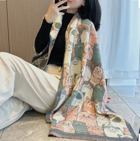 Maryam’s Essential Luxury Cute Cat Print Cashmere Shawl Wrap Scarf