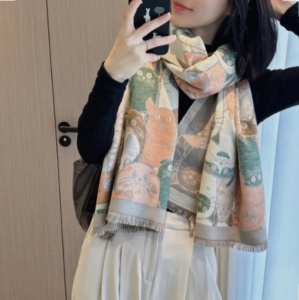 Maryam’s Essential Luxury Cute Cat Print Cashmere Shawl Wrap Scarf
