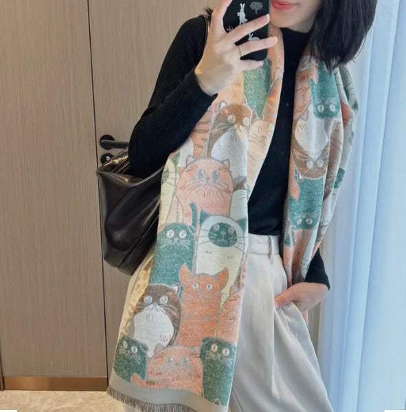 Maryam’s Essential Luxury Cute Cat Print Cashmere Shawl Wrap Scarf