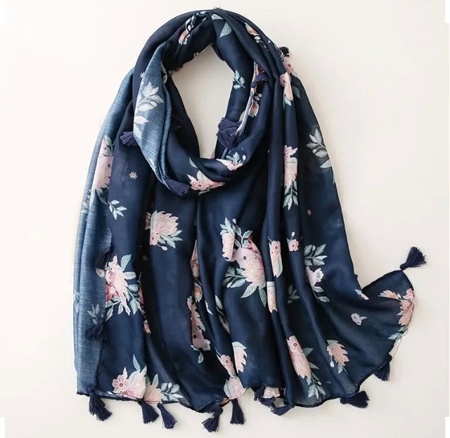 Maryam's Essential Flower Printed Cotton Viscose Tassels Hijab