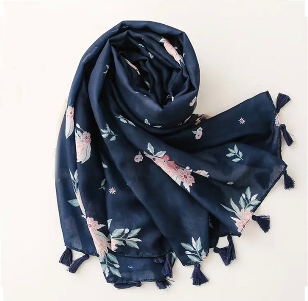 Maryam's Essential Flower Printed Cotton Viscose Tassels Hijab